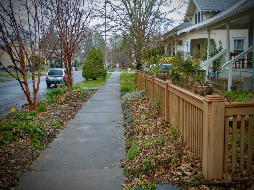 Image of a residential street, with a wooden fence in the foreground showing a wet street and sidewalk extending into the distance
